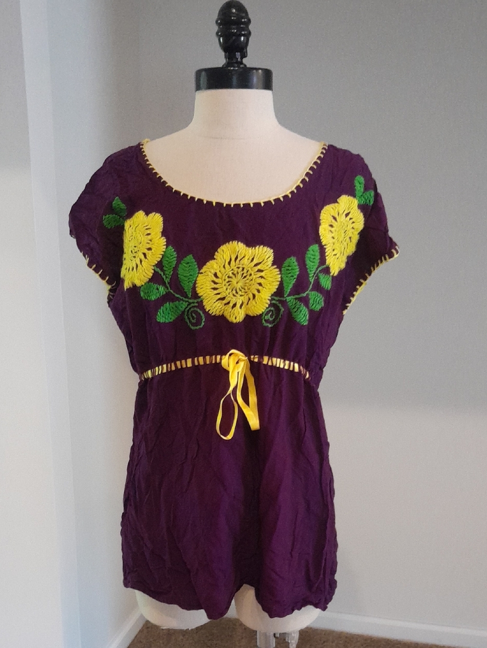 Purple Embroidered Peasant Top with Yellow Floral Detail